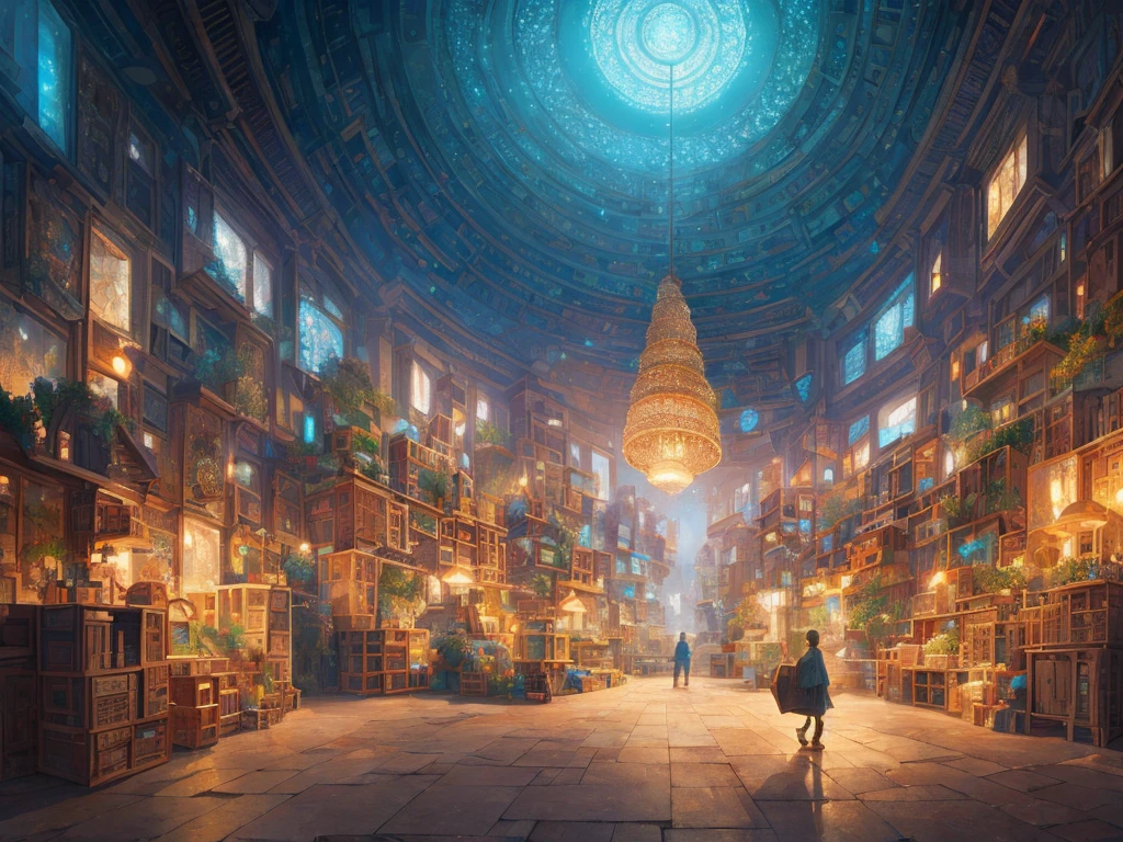 Digital painting of a figure surrounded by intricately crafted cardboard boxes, expertly executed by the talented artist Mike Winkelmann. This mesmerizing piece of detailed matte painting showcases a captivating fantasy art scene, reminiscent of a whimsical 2D game art. The composition is presented in an isometric perspective, transporting viewers into a world where imagination knows no bounds. The boxes, meticulously rendered, create a unique and intriguing atmosphere, evoking a sense of wonder and curiosity. The artist's skillful use of color and lighting adds depth and dimension, bringing the scene to life. Each box tells its own story, inviting viewers to unravel the mysteries hidden within this captivating cardboard realm.