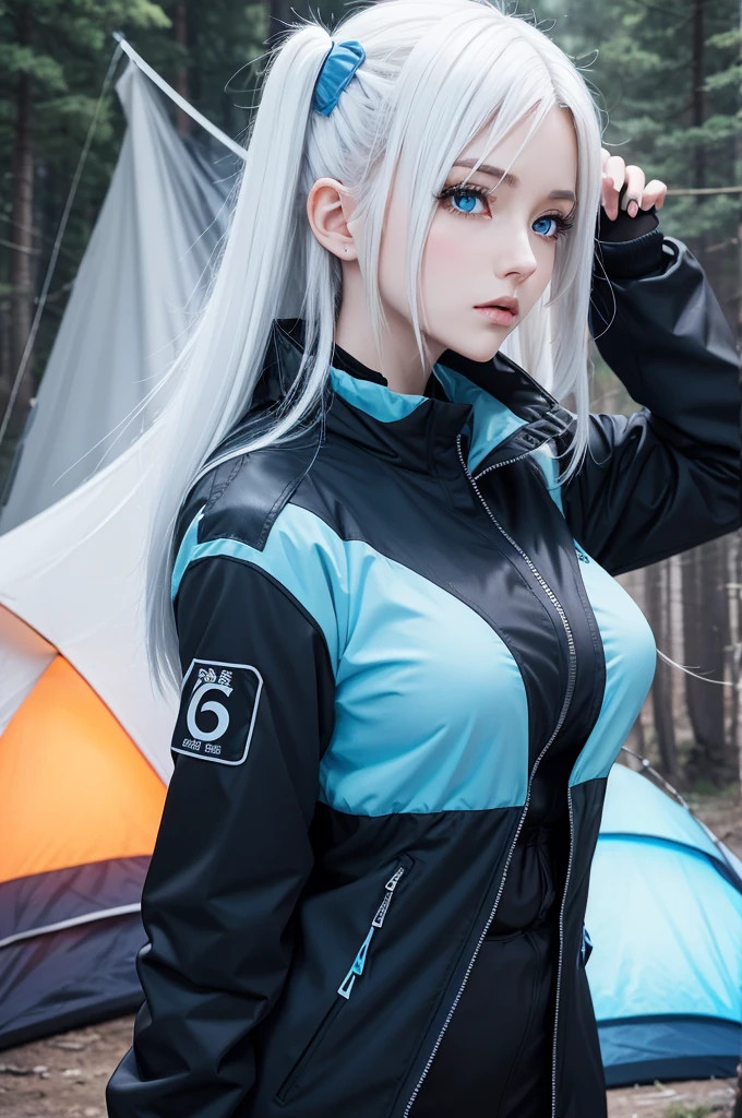 anime style with straight white hair and light blue eyes, with big breasts and thin waist, black cold clothing with a camping background.