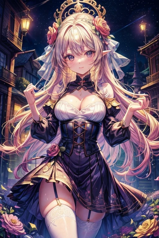 ((最high quality、8K、masterpiece:1.3)),high resolution、最high resolution、最high quality、high quality、Slender、Beautiful poopボディーライン、Beautiful poop大人の女性、huge 、Sexy Style、Accentuate your cleavage、Emphasize the chest、超detailedな、beautifully、aesthetic、Beautiful poop、masterpiece、Showing off cleavage)、garter belt、Beautiful poop女性は, (medium length yellow hair),、Cute smile, (Warm colors), Moist, Moist, Reflective plate, (Tabletop) 、(最high quality) (detailed) , (8K) (Studio Lighting) (Complex) , ((The flower arch is so fantastical and dreamy.)), Gorgeous, Fantastic fairy tale, A rich pastel color palette, Fantastic and dreamy theme, 夢のようなdetailed, Fairy tale setting:, (((A building with lots of flowers)))、Anime fantasy artwork, Anime fantasy illustration, Beautiful poopアートワークのイラスト, Beautiful poopアニメアートwork, Exquisite digital art, Complexな華やかなアニメCGIスタイル, Anime Art Nouveau Space Display, Beautiful poopアニメアート, Beautiful poopデジタル芸術作品, Beautiful poopファンタジーアニメ, detailed anime artwork, detailed Digital Anime Art, Dreamy psychedelic anime、Beautiful poop表現、Beautiful poop乳房、detailedな目、Clearly eye-catching, beautifullyて魅力的、Beautiful poop目、Tight waist、Beautiful poop白い肌、Red Crack、((Long hair decorated with flowers))、(Perfect female body:1.4)、（Sexy Underwear、garter belt、Enamel Bondage Costume)