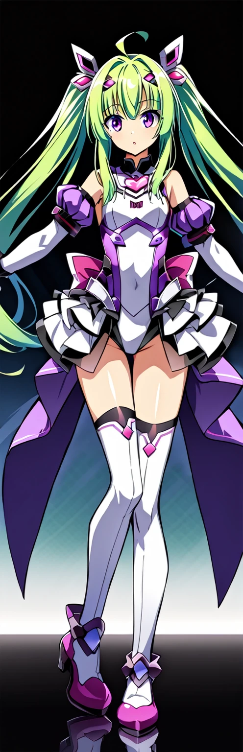 (Highest quality:1.2),One Girl,alone,Are standing_Split,- love_flora, magical girl,One Girl, alone, Purple eyes, Green Hair，Long Hair，leotard，Elbow Handbag，Knee-high socks,Pixelated Background,Neon Light,Sci-Fi Color Scheme,Vibrant colors,Metallic texture,Detailed shading,Holographic interface,Dark atmosphere,High Contrast,Sharp focus,Twigs of hair,Reflective surface,Exquisite detail,High resolution,Studio Lighting,Red accents,Illuminated surroundings,