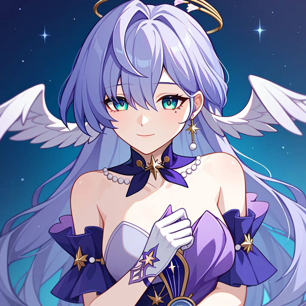 1girl, robin_\(honkai:_star_rail\), bare_shoulders, head_wings, white_dress, white_gloves, detached_sleeves, short_sleeves, aqua_eyes, long_hair, halo, purple_dress, hair_between_eyes, earrings, purple_hair
