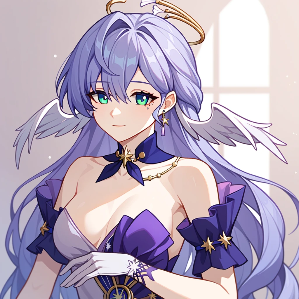 1girl, robin_\(honkai:_star_rail\), bare_shoulders, head_wings, white_dress, white_gloves, detached_sleeves, short_sleeves, aqua_eyes, long_hair, halo, purple_dress, hair_between_eyes, earrings, purple_hair