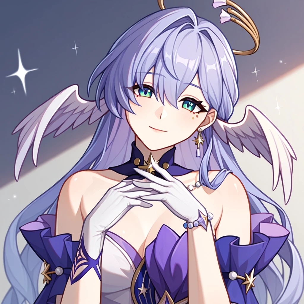 1girl, robin_\(honkai:_star_rail\), bare_shoulders, head_wings, white_dress, white_gloves, detached_sleeves, short_sleeves, aqua_eyes, long_hair, halo, purple_dress, hair_between_eyes, earrings, purple_hair