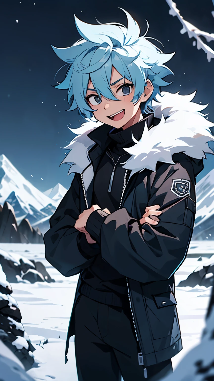 Young male, light skin, light blue hair, messy hair, black eyes, black coat with fur on the sleeve, blue shirt, black sweatpants, on a snowy mountain at night, laughing