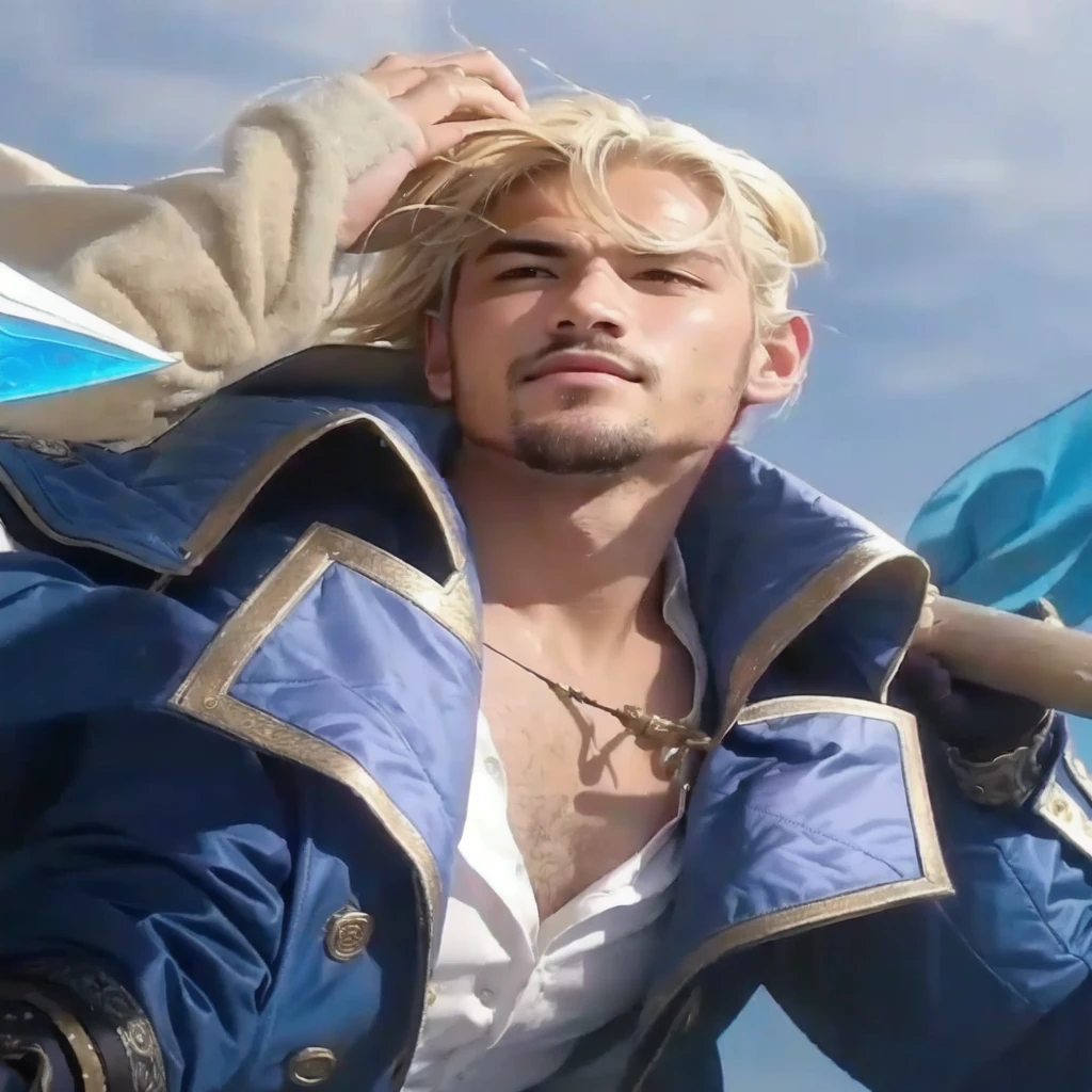 a close up of a man with a sword and a blue jacket, realistic