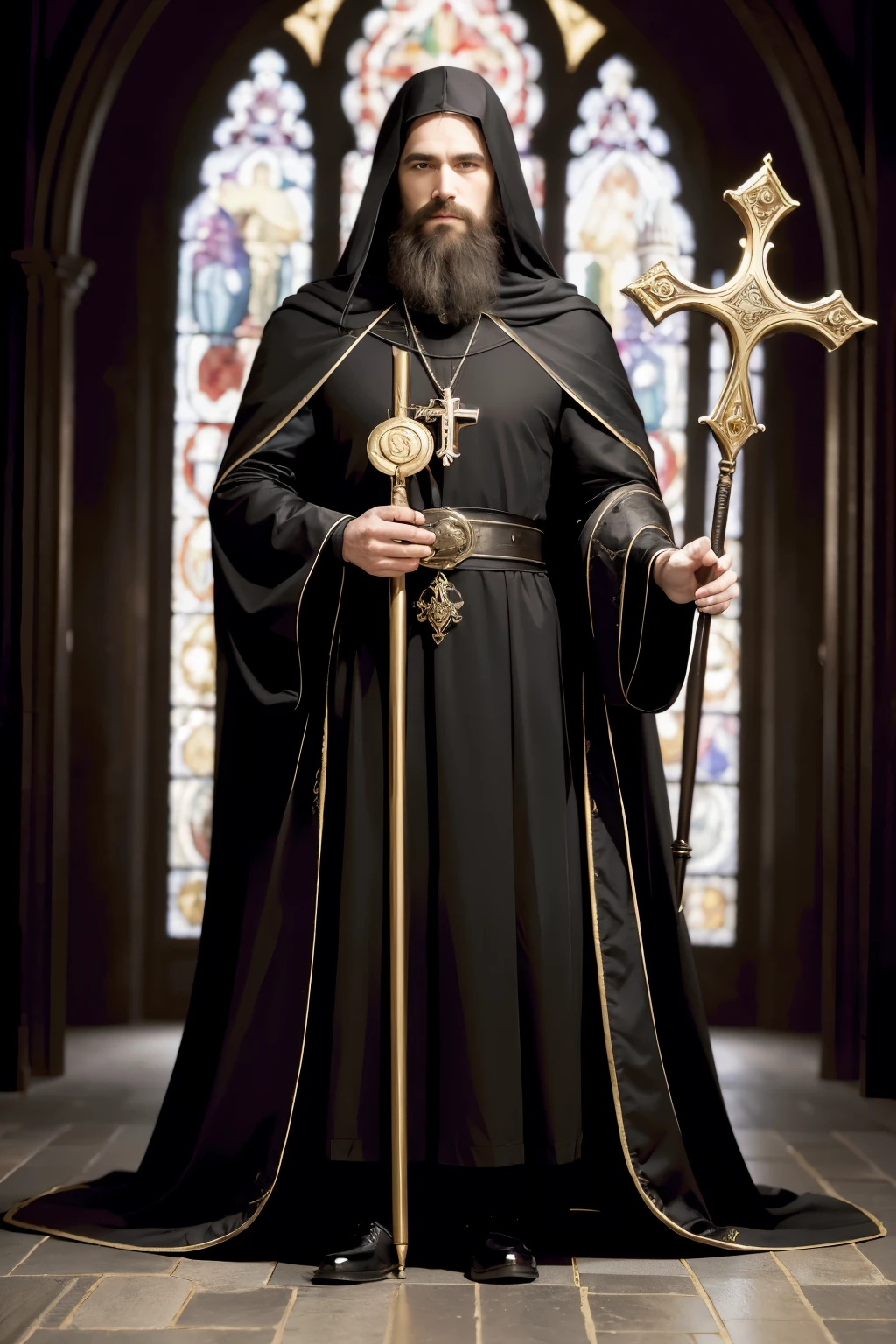 ((melhor qualidade)), ((Obra de arte)), (detalhado), (realista), a ventrue vampire lord, male, long hair, full beard, full body, from head to toe, in the dark ages, looking 36 years old, no glasses, holding a golden long staff with a cross and ornaments at the tip, with black priest's vestments. Behind the priest a gothic, medieval church from the dark ages.