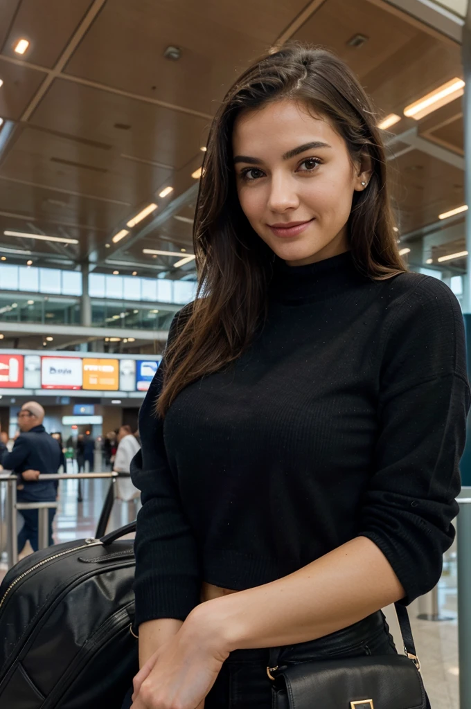 Create an ultra-realistic image of a woman with generous shapes and a beautiful face, taking a selfie at the airport. The scene should include details like airport terminals in the background, typical airport signs and lights, but without other people visible. The woman should be holding a basic iPhone and her smile should reflect a happy and natural attitude. Make sure brightness and shadows are consistent with typical airport interior lighting