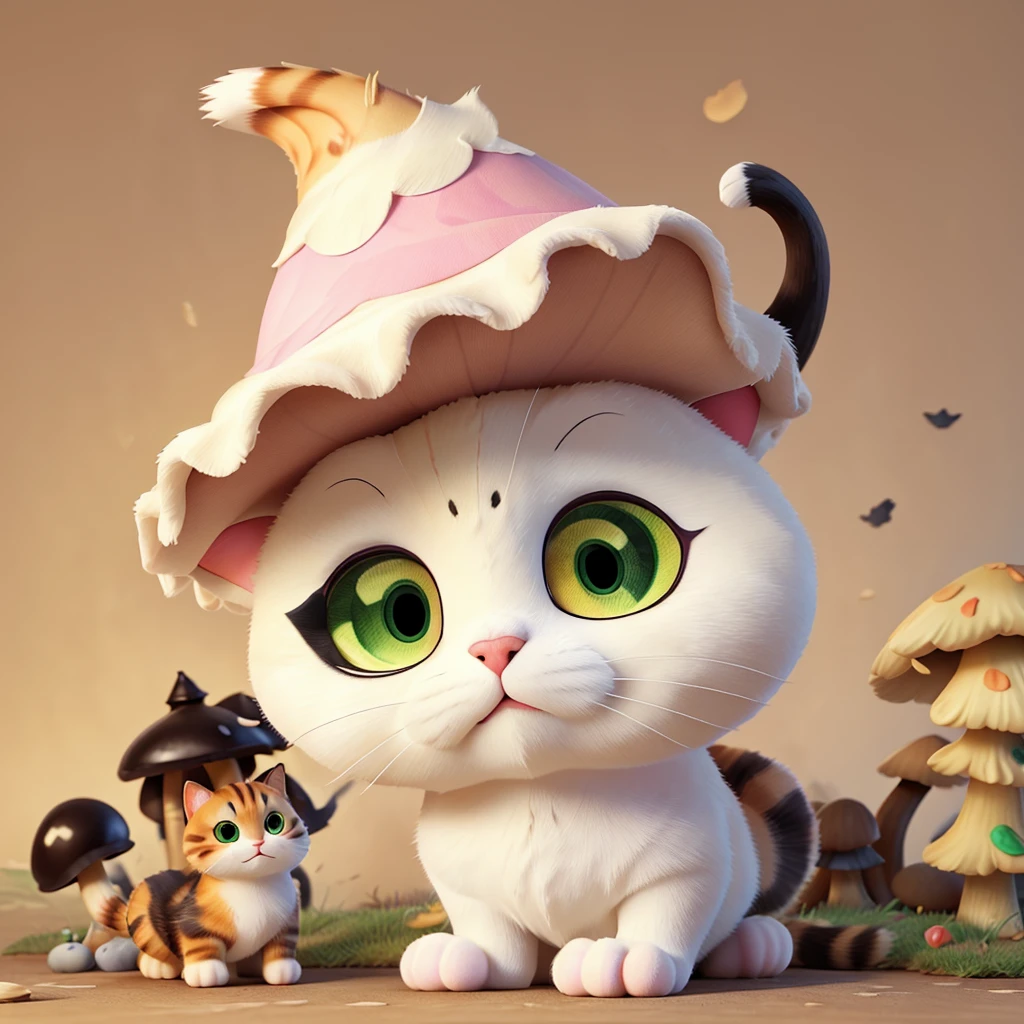 Calico cat after eating fluorescent yellow poisonous mushroom,Turned into a poisonous mushroom cat。 The head is covered with fluorescent yellow poisonous mushrooms like a hat.,But it doesn’t lose its original cat face。 Its body and legs are shaped like poisonous mushrooms,But without losing the cat’s hair。 The eyes become too round and too,golden。