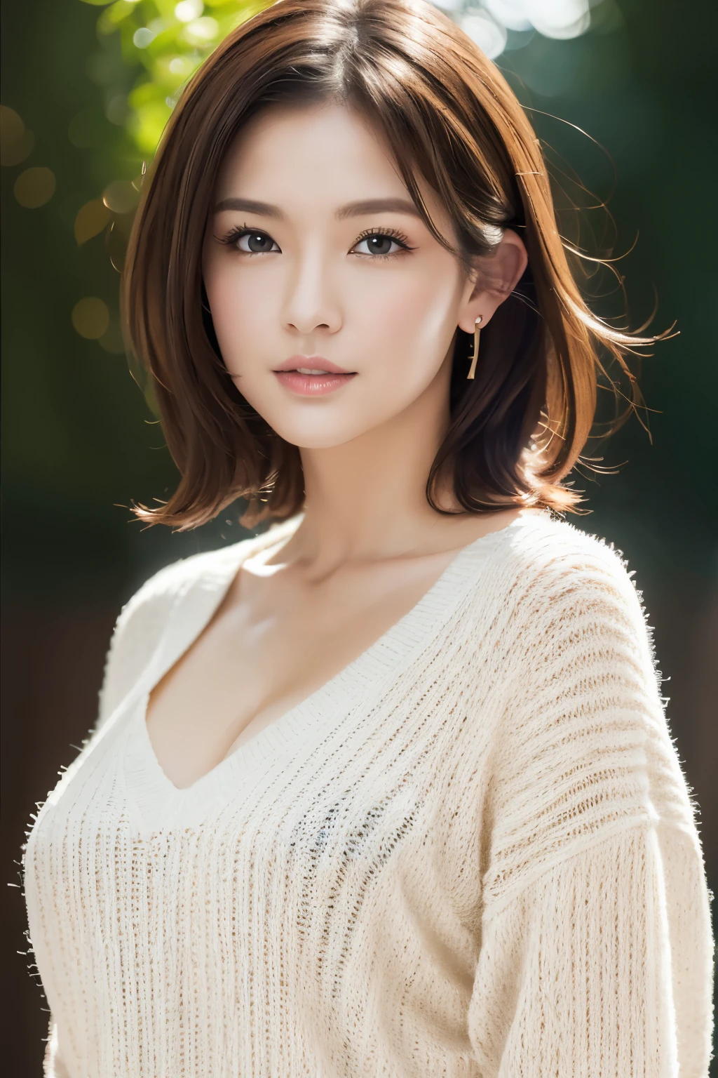 masutepiece, Best Quality, Photorealsitic, finely detail, hight resolution, 8K Painting Wall, Perfect dynamic composition, Beautiful detailed eyes, Chubby adult woman in light V-neck knit, bobhair, Look at viewers