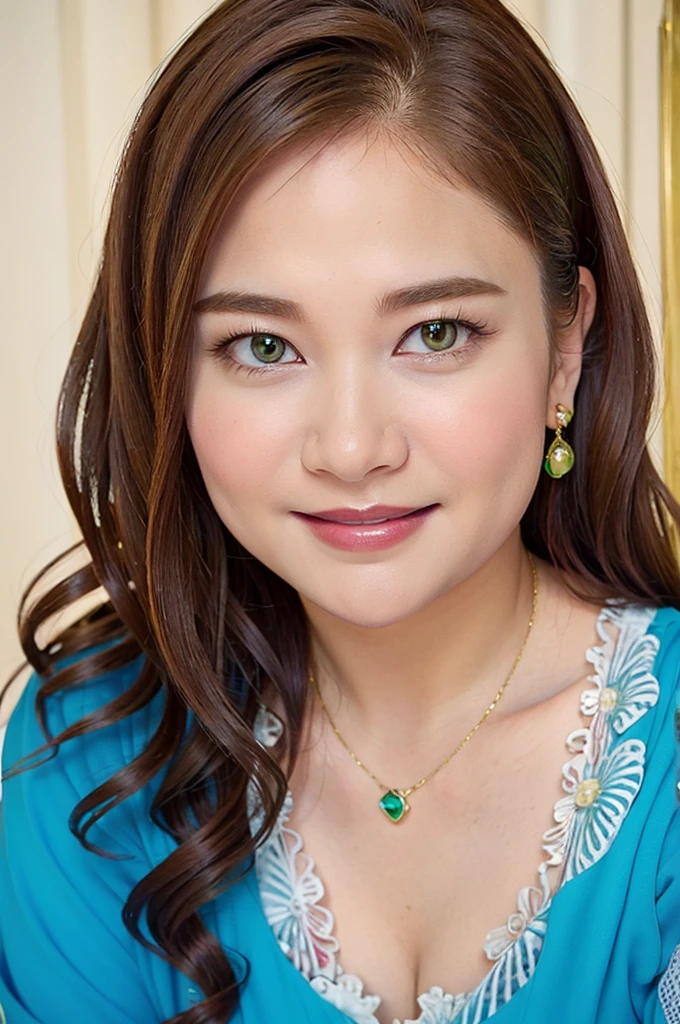 
Ultra-high resolution, Superior Quality, highest quality, Very detailed, Realistic, 8k, RAW Photos, highest quality, masterpiece, Attractive girl, Awesome girl, Brown Hair,Wavy Hair、 Shoulder-length layers, Mesh Hair, Japanese Idols, ear piercing、stylish, blouse,smile、Beautiful teeth alignment. green eyes. Contact lens. Chubby cheek.