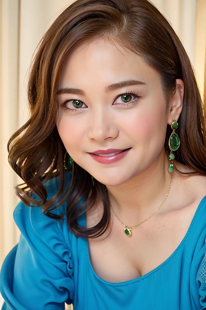 Ultra-high resolution, Superior Quality, highest quality, Very detailed, Realistic, 8k, RAW Photos, highest quality, masterpiece, Attractive girl, Awesome girl, Brown Hair,Wavy Hair、 Shoulder-length layers, Mesh Hair, Japanese Idols, ear piercing、stylish, blouse,smile、Beautiful teeth alignment. green eyes. Contact lens. Chubby cheek.