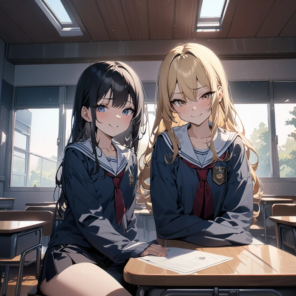 (award winning, 8k, super detailed, high resolution, best quality) , photography, (two girls), girl on the left with blonde hair and smirk expression, girl on the right with black hair and (timid expression), (sitting side by side at desk), ((beautiful girls)), classroom, light from the window.