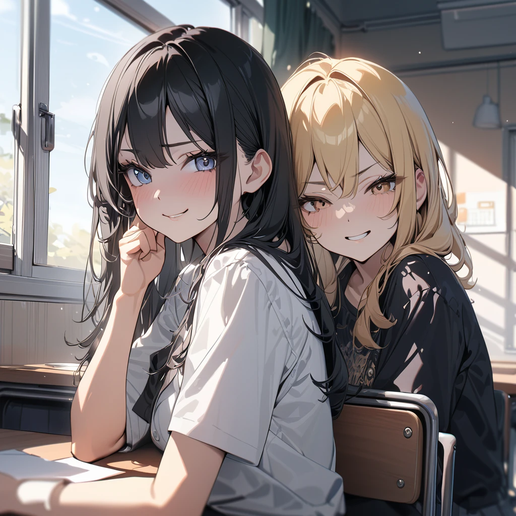 (award winning, 8k, super detailed, high resolution, best quality) , photography, (two girls), girl on the left with blonde hair and smirk expression, girl on the right with black hair and (timid expression), (sitting side by side at desk), ((beautiful girls)), classroom, light from the window.