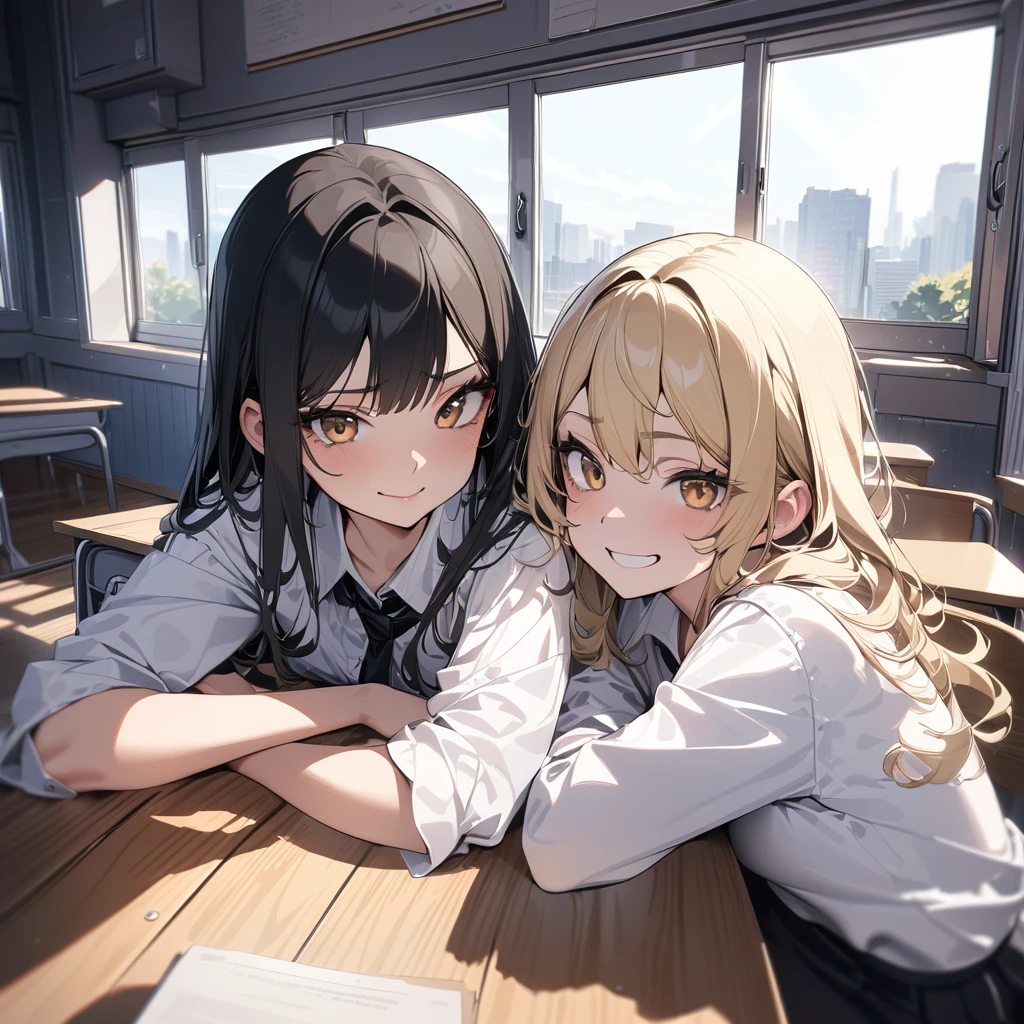 (award winning, 8k, super detailed, high resolution, best quality) , photography, (two girls), girl on the left with blonde hair and smirk expression, girl on the right with black hair and (timid expression), (sitting side by side at desk), ((beautiful girls)), classroom, light from the window.