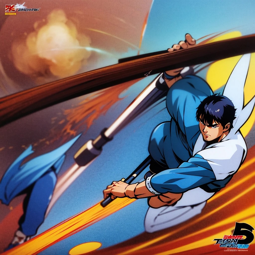 arafed image of a man in a blue suit is holding a baseball bat, hadouken, mudoken, boken, as a character in tekken, aokan, tekken, baki, 8k comic art, akali, ikki tousen, inspired by Baiōken Eishun, king of fighters style, tekkon kinreet