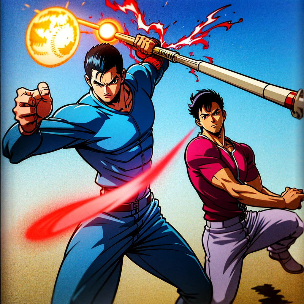 arafed image of a man in a blue suit is holding a baseball bat, hadouken, mudoken, boken, as a character in tekken, aokan, tekken, baki, 8k comic art, akali, ikki tousen, inspired by Baiōken Eishun, king of fighters style, tekkon kinreet