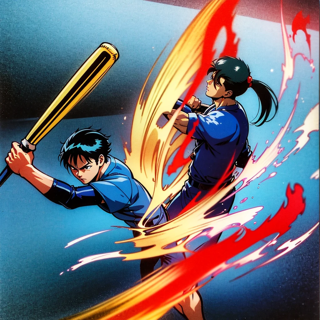 arafed image of a man in a blue suit is holding a baseball bat, hadouken, mudoken, boken, as a character in tekken, aokan, tekken, baki, 8k comic art, akali, ikki tousen, inspired by Baiōken Eishun, king of fighters style, tekkon kinreet