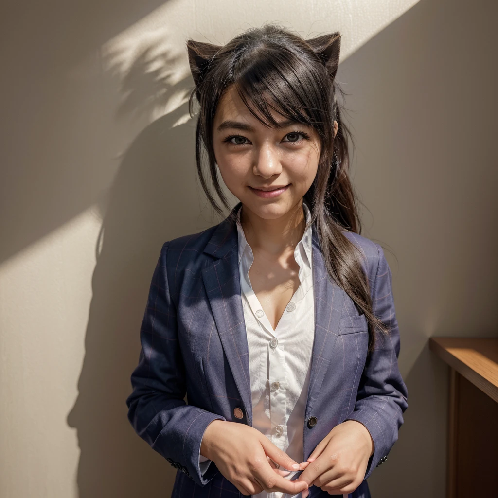 Mioda Ibuki /(Danganronpa/), bank ultra-detailed, masterpiece, illustration, 8k, masterpiece, realistic shadows, gradient, volumetric lighting, cute, ambient lighting, cowboy shot, colorful, beautiful detailed eyes 1girl, solo, (original outfit), smile, {office background}, formal suit