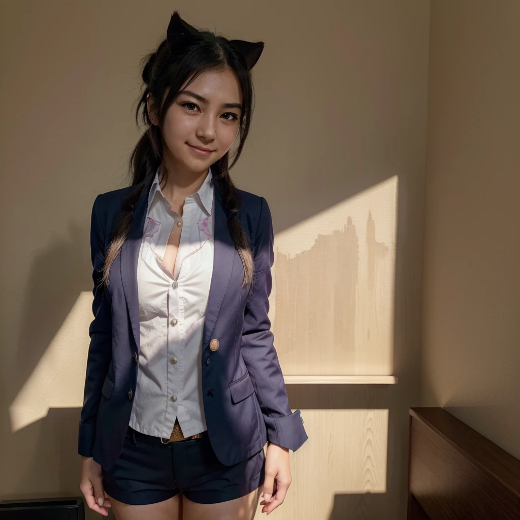 Mioda Ibuki /(Danganronpa/), bank ultra-detailed, masterpiece, illustration, 8k, masterpiece, realistic shadows, gradient, volumetric lighting, cute, ambient lighting, cowboy shot, colorful, beautiful detailed eyes 1girl, solo, (original outfit), smile, {office background}, formal suit