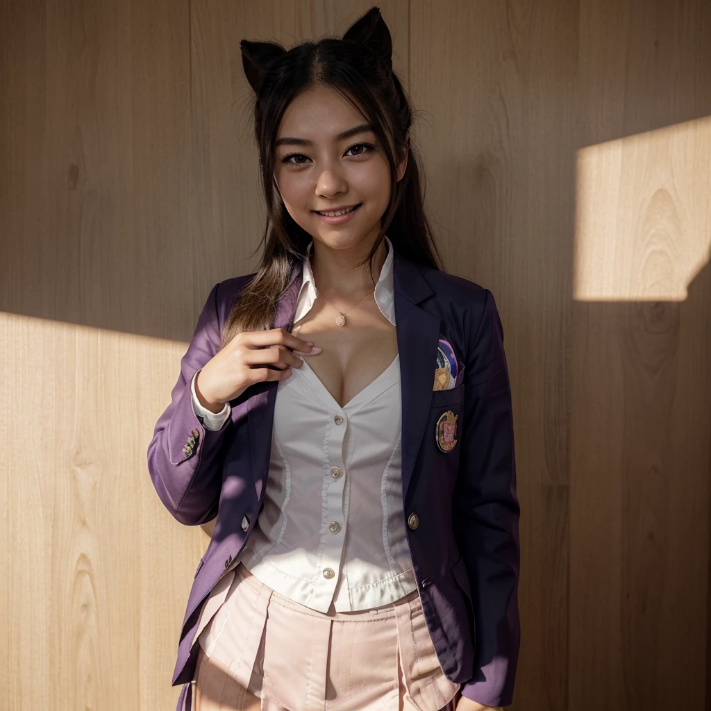 Mioda Ibuki /(Danganronpa/), bank ultra-detailed, masterpiece, illustration, 8k, masterpiece, realistic shadows, gradient, volumetric lighting, cute, ambient lighting, cowboy shot, colorful, beautiful detailed eyes 1girl, solo, (original outfit), smile, {office background}, formal suit