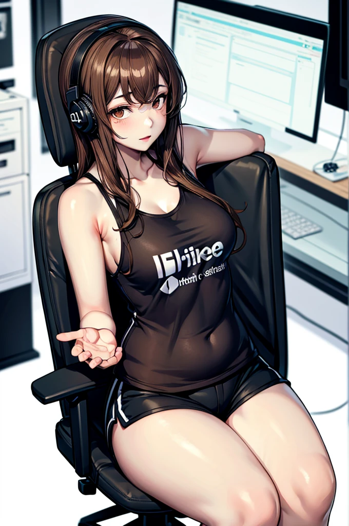 long curly brown hair, brown eyes, sitting at desk, gamer headset, gamer chair, gamer phone, pale skin, thick thighs, tank top, shorts