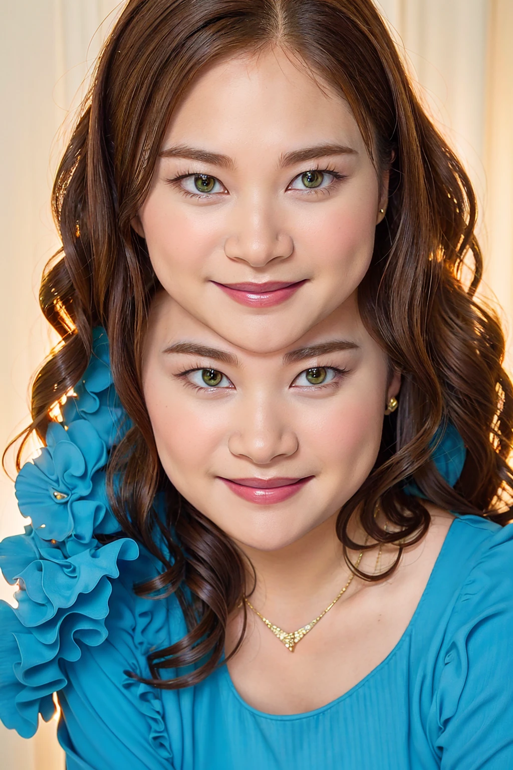 
Ultra-high resolution, Superior Quality, highest quality, Very detailed, Realistic, 8k, RAW Photos, highest quality, masterpiece, Attractive girl, Awesome girl, Brown Hair,Wavy Hair、 Shoulder-length layers, Mesh Hair, Japanese Idols, ear piercing、stylish, blouse,smile、Beautiful teeth alignment. green eyes. Contact lens. Chubby cheek.