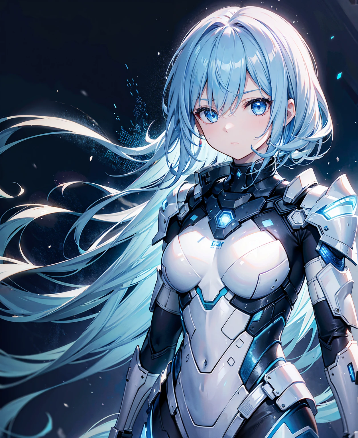 8K, Highest quality, (real:1.4), Original photo, 1 Girl, Asari Hair, Biological Amplifier, refined armor, posture: Peace talks between warring factions, smart blue eyes、Holographic Glow Effect、2Re-exposed light
