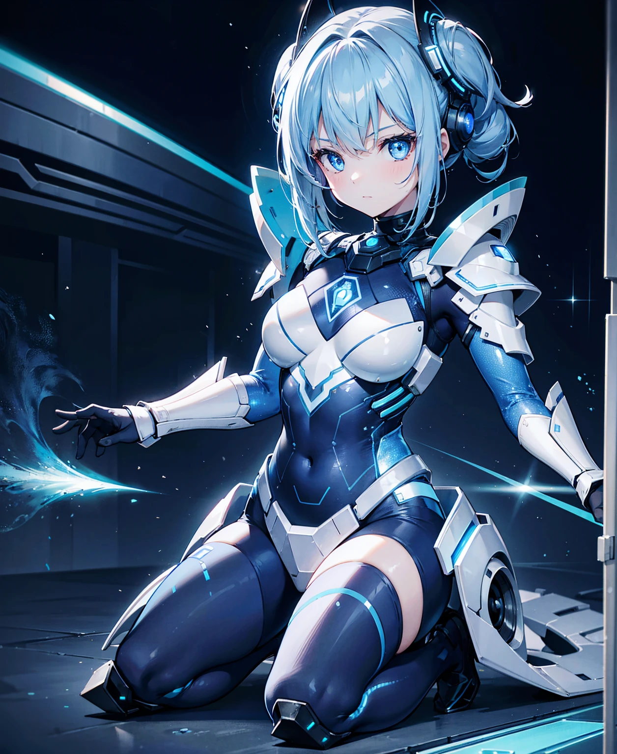 8K, Highest quality, (real:1.4), Original photo, 1 Girl, Asari Hair, Biological Amplifier, refined armor, posture: Peace talks between warring factions, smart blue eyes、Holographic Glow Effect、２Re-exposed light