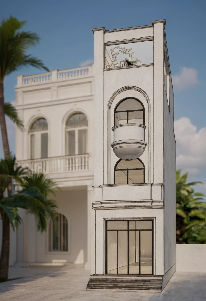 RAW photo, Masterpiece, high quality, best quality, realistic, super detailed, neoclassical house, exterior, neoclassical house with white walls and windows, masonry railing, white, curved arch, floating point, daylight, tropical plants, tropical garden, street in Vietnam, everyday architecture, (high detail: 1.2), 8k uhd, dslr, soft light, quality High quality, film grain, Fujifilm XT3
