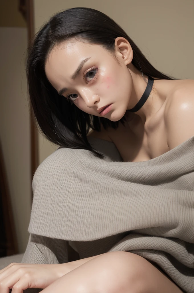 ((Highest quality)), ((masterpiece)), (detailed), Perfect Face, she is flat ,, small girl, slim, Black Bob, forehead, ((Frightened expression)), (crying), ((Off the shoulder)), choker, ahegao, looking at viewer, looking up,((single eyelid)), arms behind back, leaning forward, front face, close up, kneeling,Tuck up your clothes