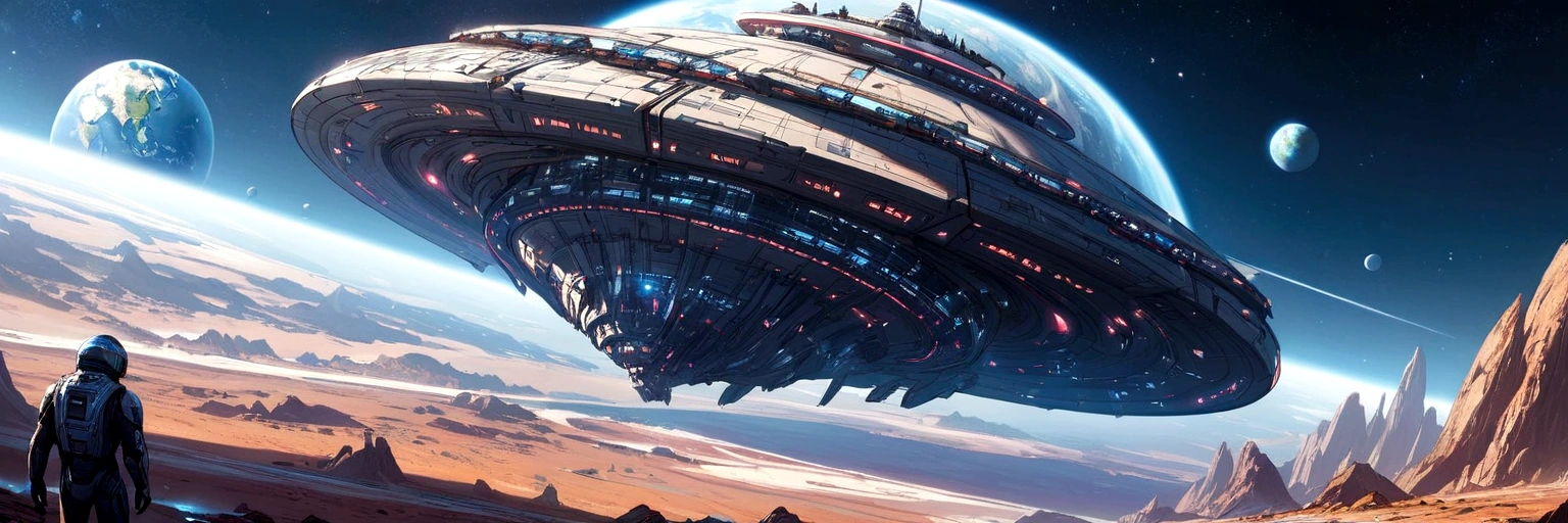 A spaceship arriving on an Earth-like planet, very detailed. a few kilometers from the planet.