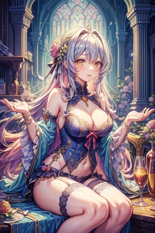 ((最high quality、8K、masterpiece:1.3)),high resolution、最high resolution、最high quality、high quality、Slender、Beautiful poopボディーライン、Beautiful poop大人の女性、huge 、Sexy Style、Accentuate your cleavage、Emphasize the chest、超detailedな、beautifully、aesthetic、Beautiful poop、masterpiece、Showing off cleavage)、garter belt、Beautiful poop女性は, (medium length yellow hair),、Cute smile, (Warm colors), Moist, Moist, Reflective plate, (Tabletop) 、(最high quality) (detailed) , (8K) (Studio Lighting) (Complex) , ((The flower arch is so fantastical and dreamy.)), Gorgeous, Fantastic fairy tale, A rich pastel color palette, Fantastic and dreamy theme, 夢のようなdetailed, Fairy tale setting:, (((A building with lots of flowers)))、Anime fantasy artwork, Anime fantasy illustration, Beautiful poopアートワークのイラスト, Beautiful poopアニメアートwork, Exquisite digital art, Complexな華やかなアニメCGIスタイル, Anime Art Nouveau Space Display, Beautiful poopアニメアート, Beautiful poopデジタル芸術作品, Beautiful poopファンタジーアニメ, detailed anime artwork, detailed Digital Anime Art, Dreamy psychedelic anime、Beautiful poop表現、Beautiful poop乳房、detailedな目、Clearly eye-catching, beautifullyて魅力的、Beautiful poop目、Tight waist、Beautiful poop白い肌、Red Crack、((Long hair decorated with flowers))、(Perfect female body:1.4)、(Sexy Underwear、garter belt、Enamel Bondage Costume)