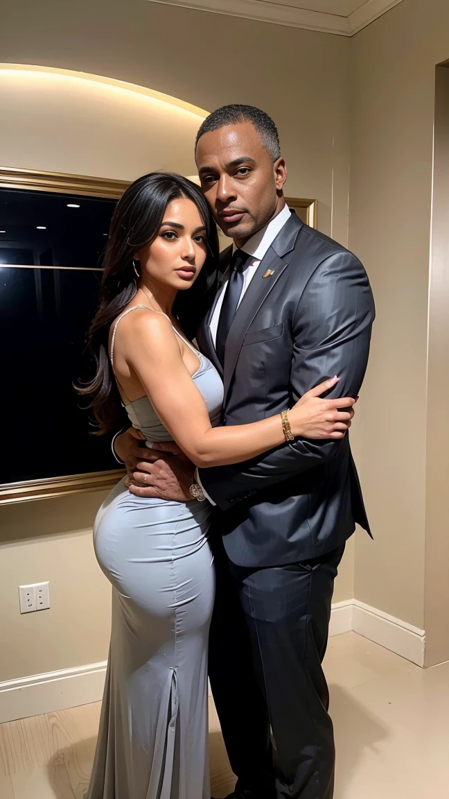1 Arab-Lebanese woman aged 53, very classy and sexy in a formal gray suit((53 ans))she is accompanied by 1 elegant athletic African American man of 53 years old