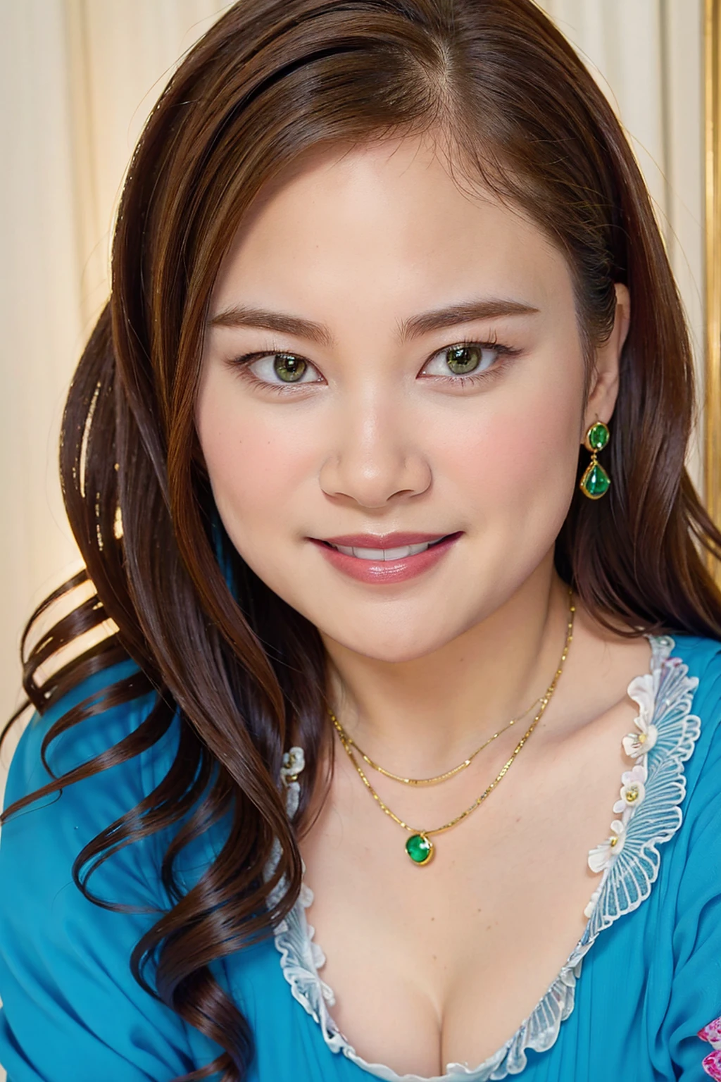 Ultra-high resolution, Superior Quality, highest quality, Very detailed, Realistic, 8k, RAW Photos, highest quality, masterpiece, Attractive girl, Awesome girl, Brown Hair,Wavy Hair、 Shoulder-length layers, Mesh Hair, Japanese Idols, ear piercing、stylish, blouse,smile、Beautiful teeth alignment. green eyes. Contact lens. Chubby cheek.