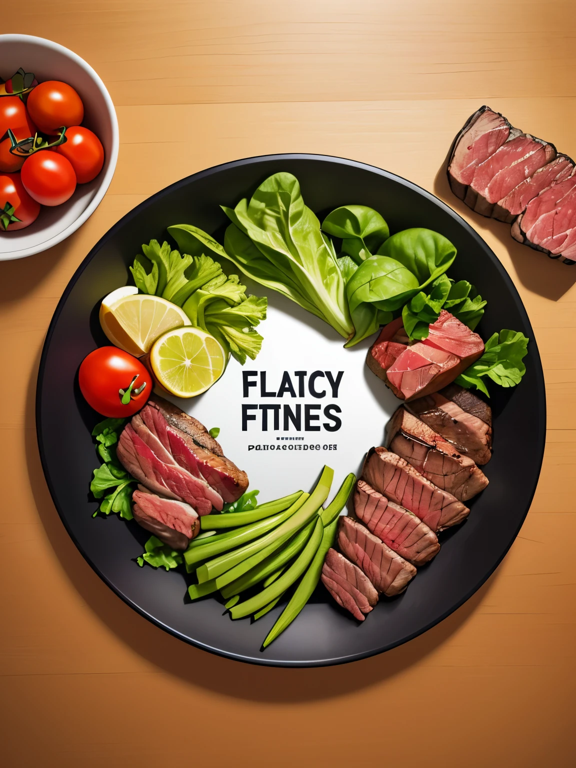 Create a logo featuring the words "Saude Fitness" in a stylized script at the center. Surround the text with detailed illustrations of healthy foods including tomatoes, lettuce, steak and chicken filet. Use vibrant colors to convey health and vitality associated with fitness and nutrition.