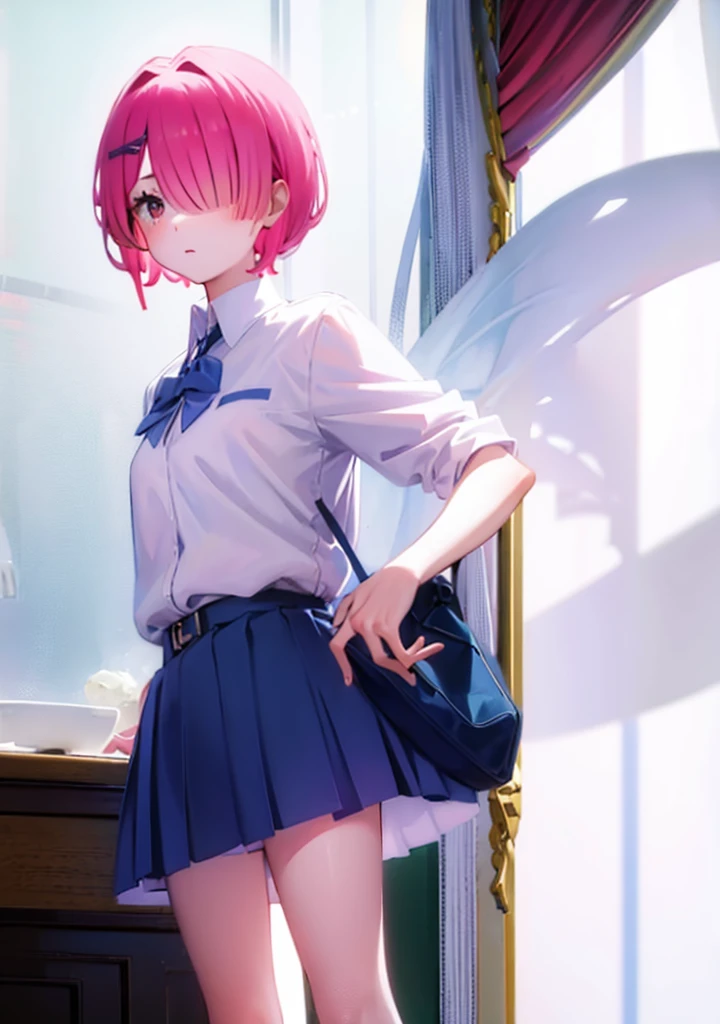 bra姿、school uniformがはだけている、Pink short hair、hair over one eye、braのホックが外れている、bra姿、Leaning forward、、、School classroom、blackboard、Pull up your skirt、Lift up your skirt、Condescending expression、A foolish look、bra