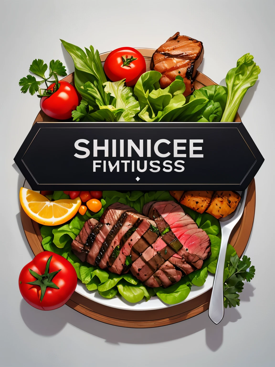 Create a logo featuring the words "Saude Fitness" in a stylized script at the center. Surround the text with detailed illustrations of healthy foods including tomatoes, lettuce, steak and chicken filet. Use vibrant colors to convey health and vitality associated with fitness and nutrition.