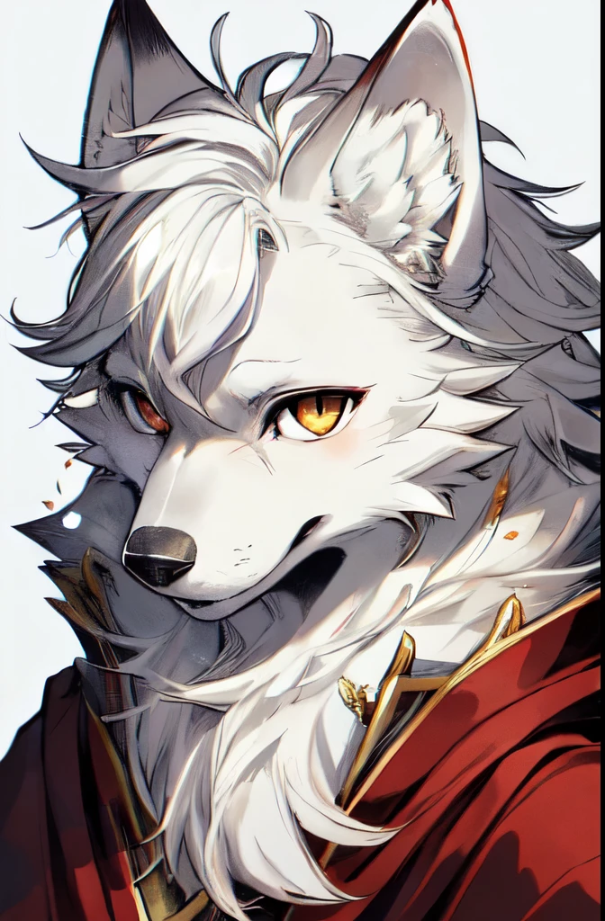 Yoshitaka Amano, 1 person, 8k Werewolf Portrait, Wolf hair, Arctic fur is as white as snow, Mage, Red robe, complex, Very detailed, number, Smooth, Clear focus, illustration, ((masterpiece)),Male