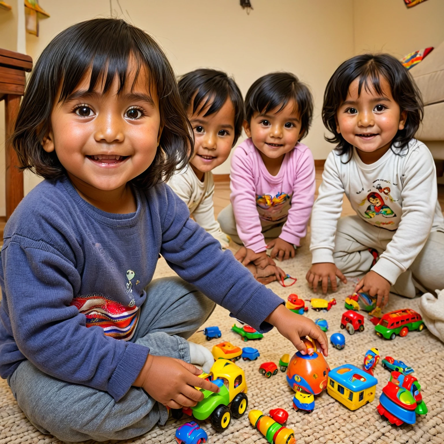 a full body shot, four 5 year old Peruvian , playing with toys, happy face, very expressive gesture in face, ((Peruvian skin)), clean dark hair, a interior of house background, HDR, natural hot lights, diary clothes the intention is show a  obtaining new abilities, (((stock photo image:1.8)))