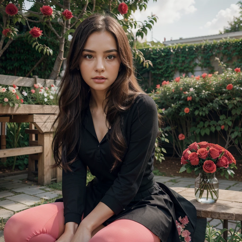 A beautiful girl wearing a school uniform sitting in a garden surrounded by red and pink roses, with long flowing hair and a detailed face. The girl is looking at the viewer with a pensive expression, holding an orange flower. In the background, there are spiderlilies, vases, and a black shirt, skirt, and leggings. The scene has a soft, romantic color palette and high-quality, photorealistic rendering.

(best quality,4k,8k,highres,masterpiece:1.2),ultra-detailed,(realistic,photorealistic,photo-realistic:1.37),1girl,beautiful detailed eyes,beautiful detailed lips,extremely detailed face,longeyelashes,school uniform,long hair,sitting,looking at viewer,pensive expression,red roses,pink roses,spiderlilies,vase,orange flower,black shirt,black skirt,black leggings,soft color palette,romantic