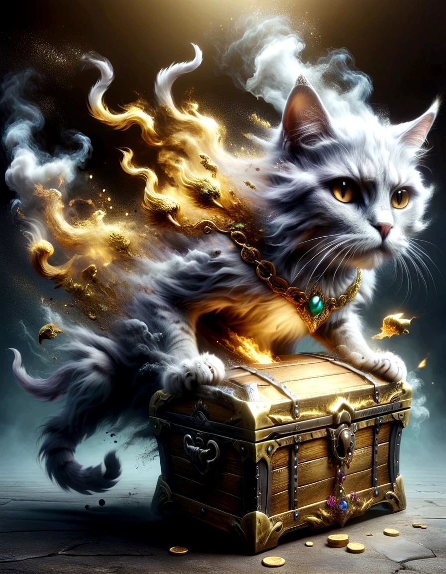 (Gold treasure chest giant cat monster fused together),The Smoke Monster,fantasy,myth