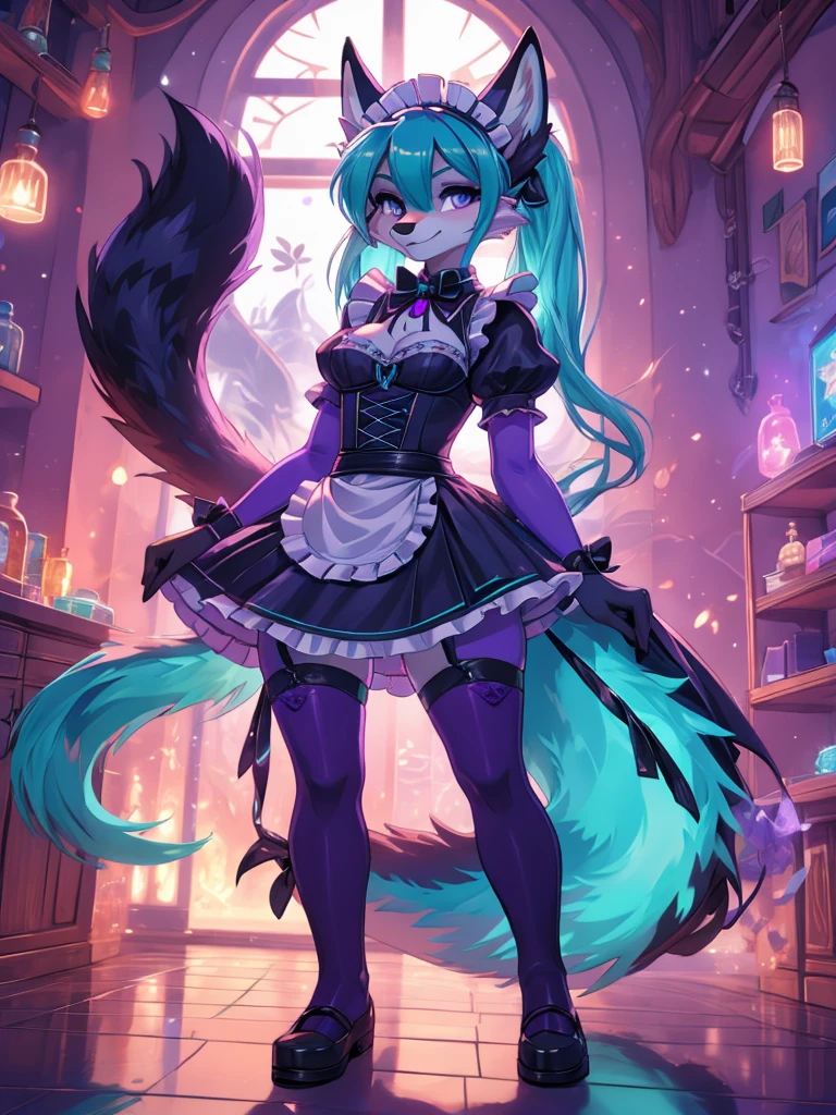 Miku Hatsune x vixen, vista de cuerpo completo  alta definicion, celosa, manos juntas molesta, alta definicion, purple iris, add_detail:1, full body image add_detail:1, maid costume add_detail:1, bioluminicent body in blue add_detail:1, beatifull intense purple irir, add_detail:1 radiant girl add_detail, fluffly long tail add_detail:1