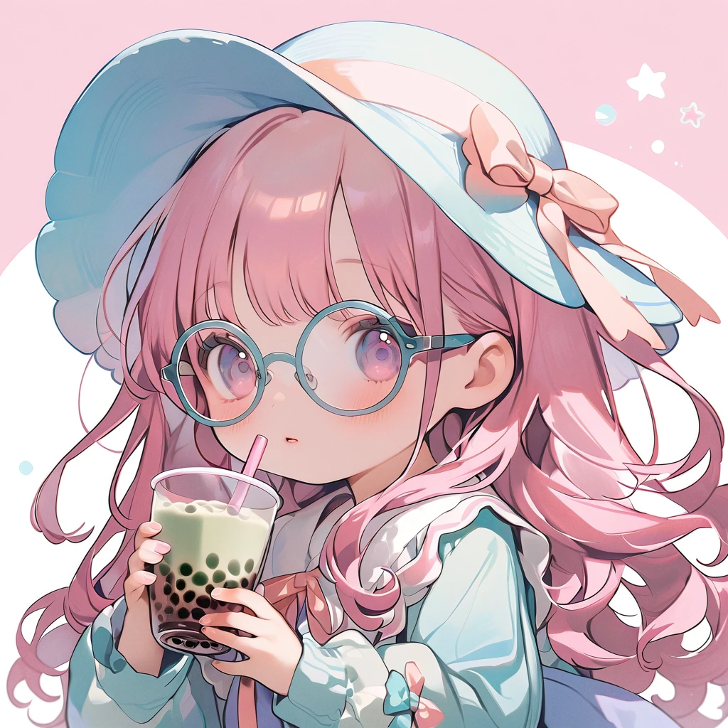 Yellow and white pastel aesthetic kawaii chibi girl with long hair, wearing glasses and a hat holding a boba tea glass mug in her hand, on the cover of an illustration book for children "pastell", pastel illustrations in the style of simple, cute, kawaii