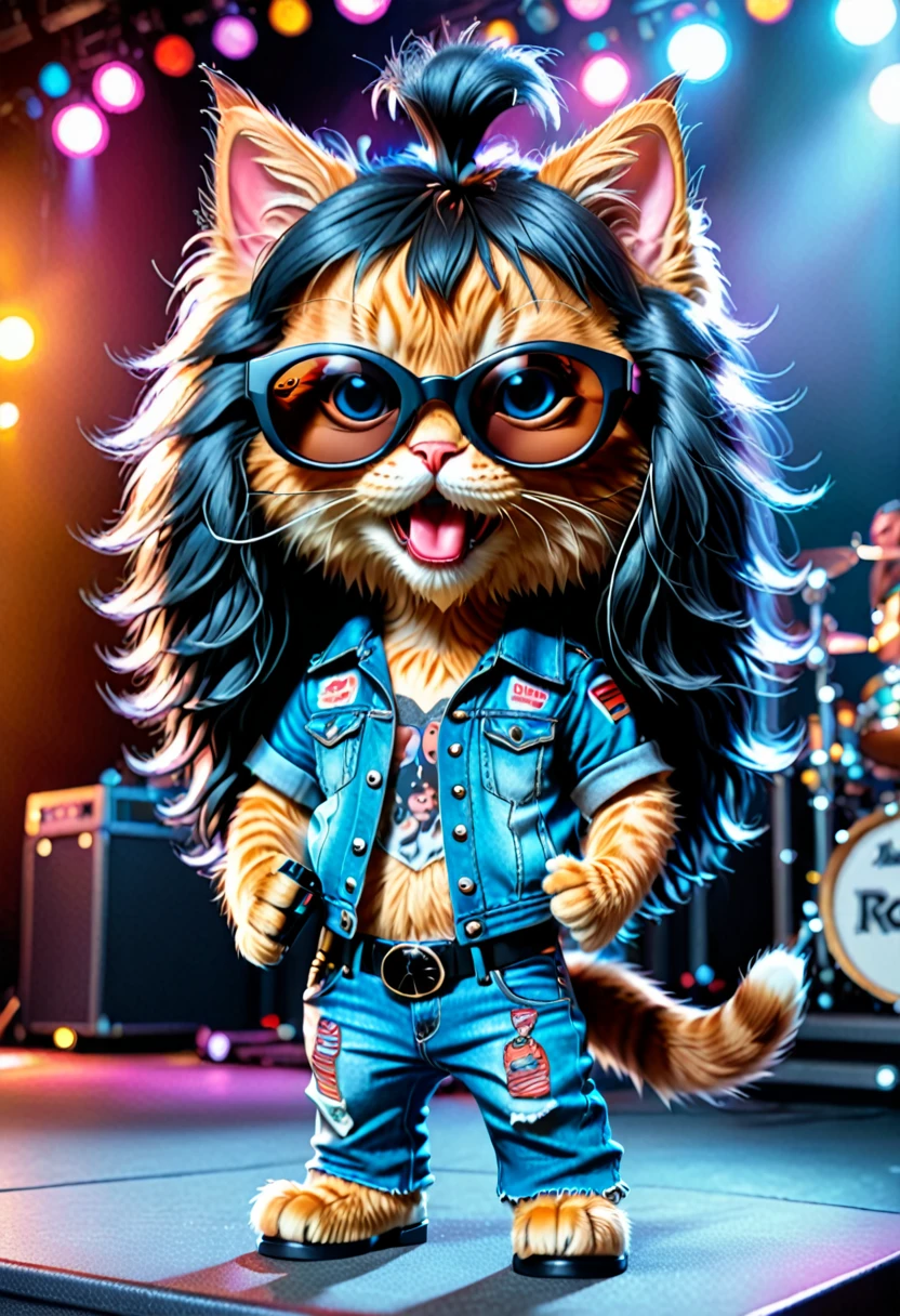 Cute anthropomorphic kitten fluffy cartoon with very long hair black with bangs, singing with microphone in hand (black sunglasses with oval lenses) by Joey Ramone digital painting 3d cosplay Ramones pants jeans, All Star shoes in the background concert stage with several lights blue, isometric view, Cinematic, Hyperrealistic, Backlit, Extremely low angle, Highly detailed, scaled down, Unrealistic rendering, 16K