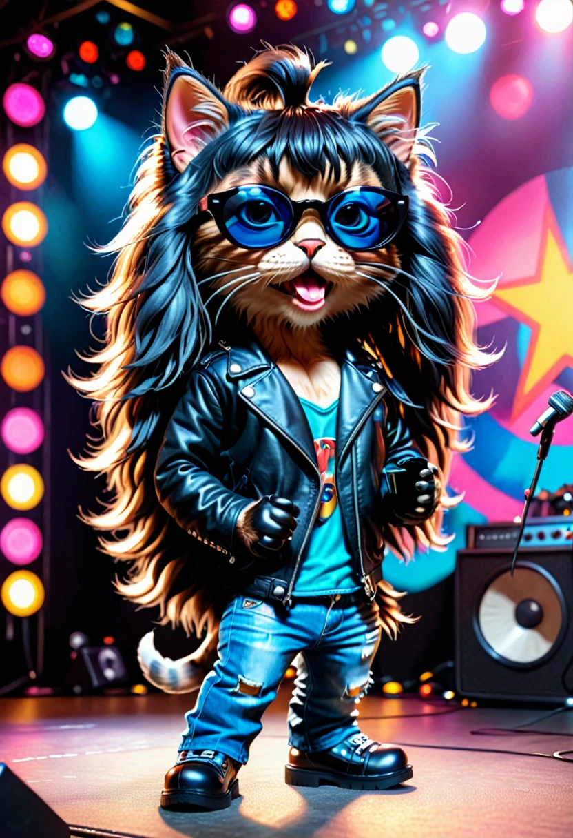 Cute anthropomorphic kitten fluffy cartoon with very long hair black with bangs, singing with microphone in hand (black sunglasses with oval lenses) by Joey Ramone digital painting 3d cosplay Ramones pants jeans, All Star shoes in the background concert stage with several lights blue, isometric view, Cinematic, Hyperrealistic, Backlit, Extremely low angle, Highly detailed, scaled down, Unrealistic rendering, 16K