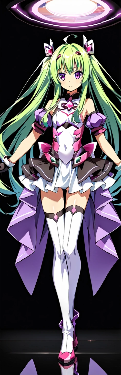 (Highest quality:1.2),One Girl,alone,Are standing_Split,- love_flora, magical girl, Purple eyes, Green Hair，Long Hair，leotard，Elbow Handbag，Knee-high socks,Pixelated Background,Neon Light,Sci-Fi Color Scheme,Vibrant colors,Metallic texture,Detailed shading,Holographic interface,Dark atmosphere,High Contrast,Sharp focus,Twigs of hair,Reflective surface,Exquisite detail,High resolution,Studio Lighting,Red accents,Illuminated surroundings,