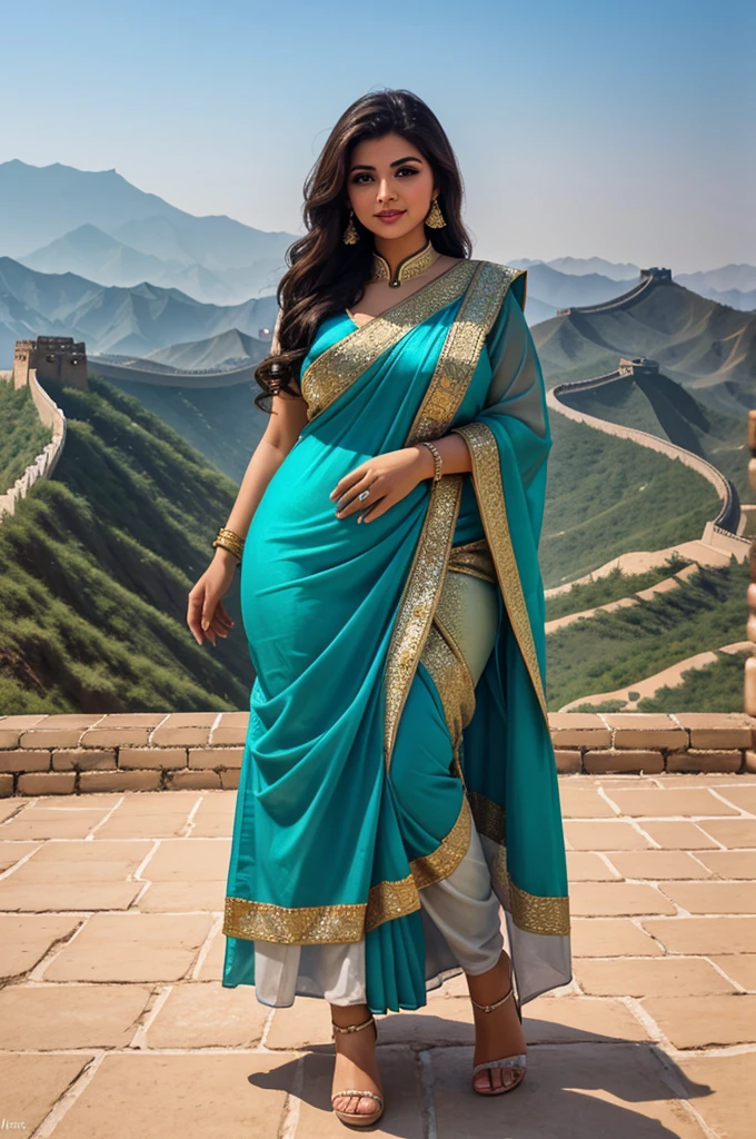 1 Heavenly beautiful and goddess beauty cute and sweet looking face Arabian female in front of Great Wall of China, Heavenly beautiful Overweight, Heavenly beautiful Extremely fat, Heavenly beautiful and attractive Chubby figure , Heavenly beautiful looking and eye catching tight fitting luxury style elegant saree , reaching out, Heavenly beautiful Arabian woman, 16k, High resolution, masterpiece, highest quality, fine skin, outside view, Realistic Photograph