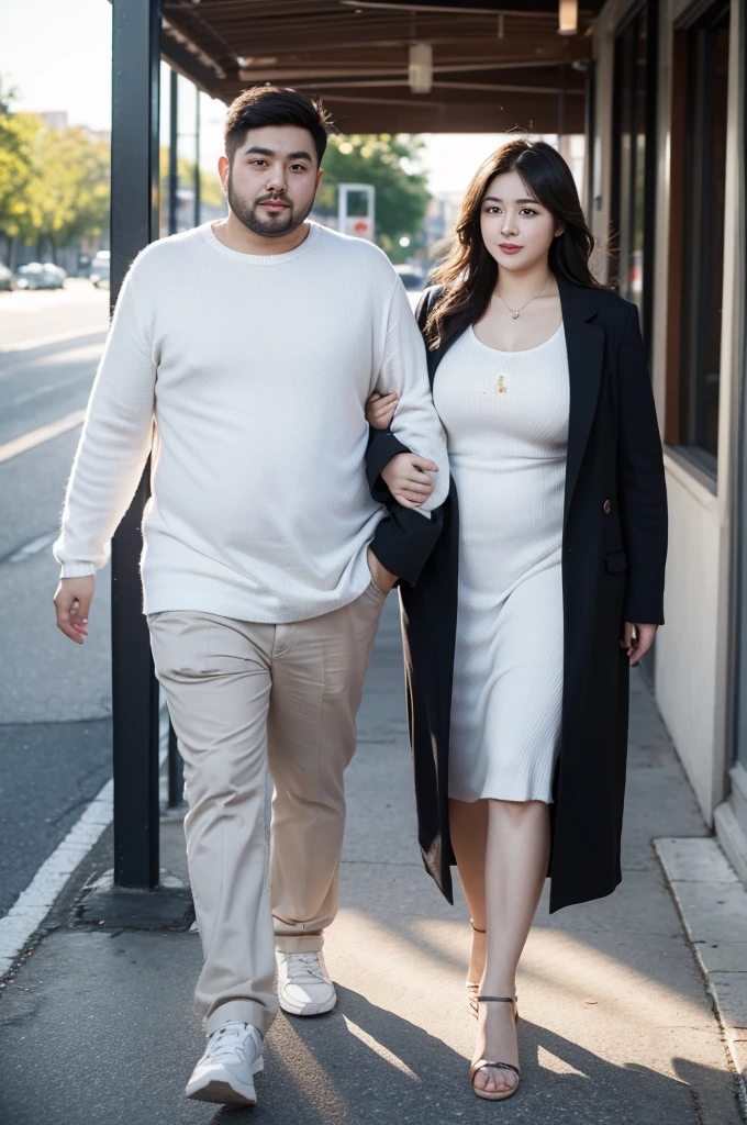 male and female couple. walking intimately. handsome man with white skin, short hair. with a beautiful fat woman. white skin with long hair