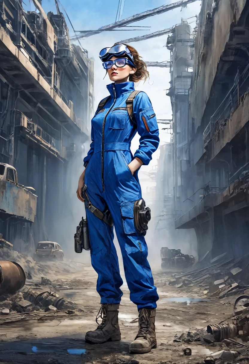 mechanical woman,mechanical engineer, dirty, blue jumpsuit, with protective glasses on the forehead, slim, post apocalypse