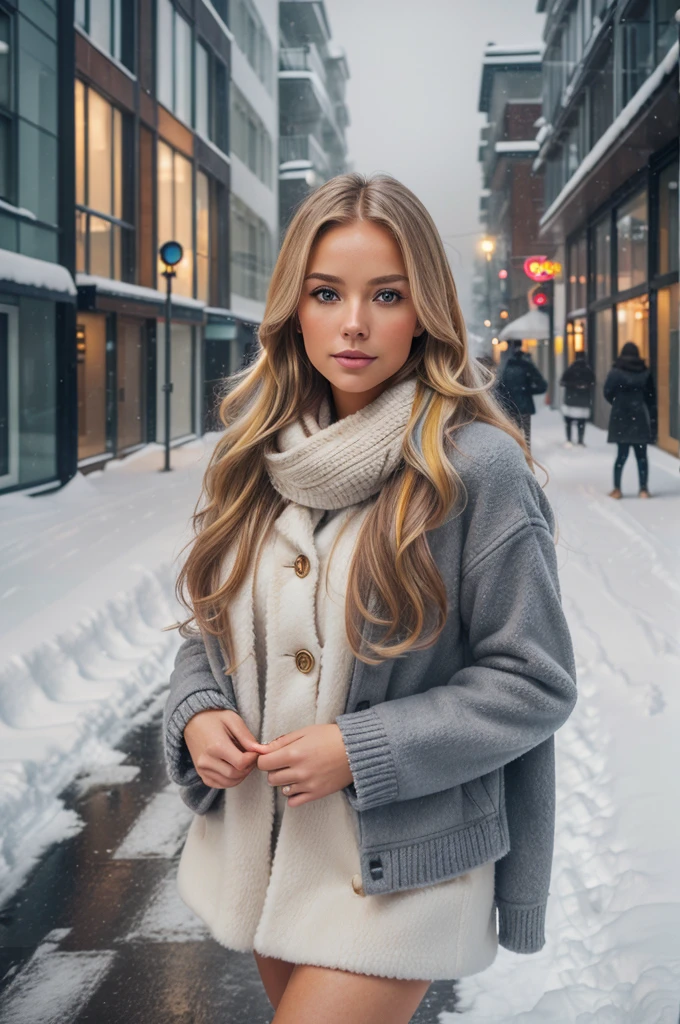 professional portrait photograph of a gorgeous Norwegian girl in winter clothing with long wavy blonde hair, sultry flirty look, gorgeous symmetrical face, cute natural makeup, wearing elegant warm winter fashion clothing, ((standing outside in snowy city street)), stunning modern urban environment, ultra realistic, concept art, elegant, highly detailed, intricate, sharp focus, depth of field, f/1. 8, 85mm, medium shot, mid shot, (((professionally color graded))), bright soft diffused light, (volumetric fog), trending on instagram, hdr 4k, 8k